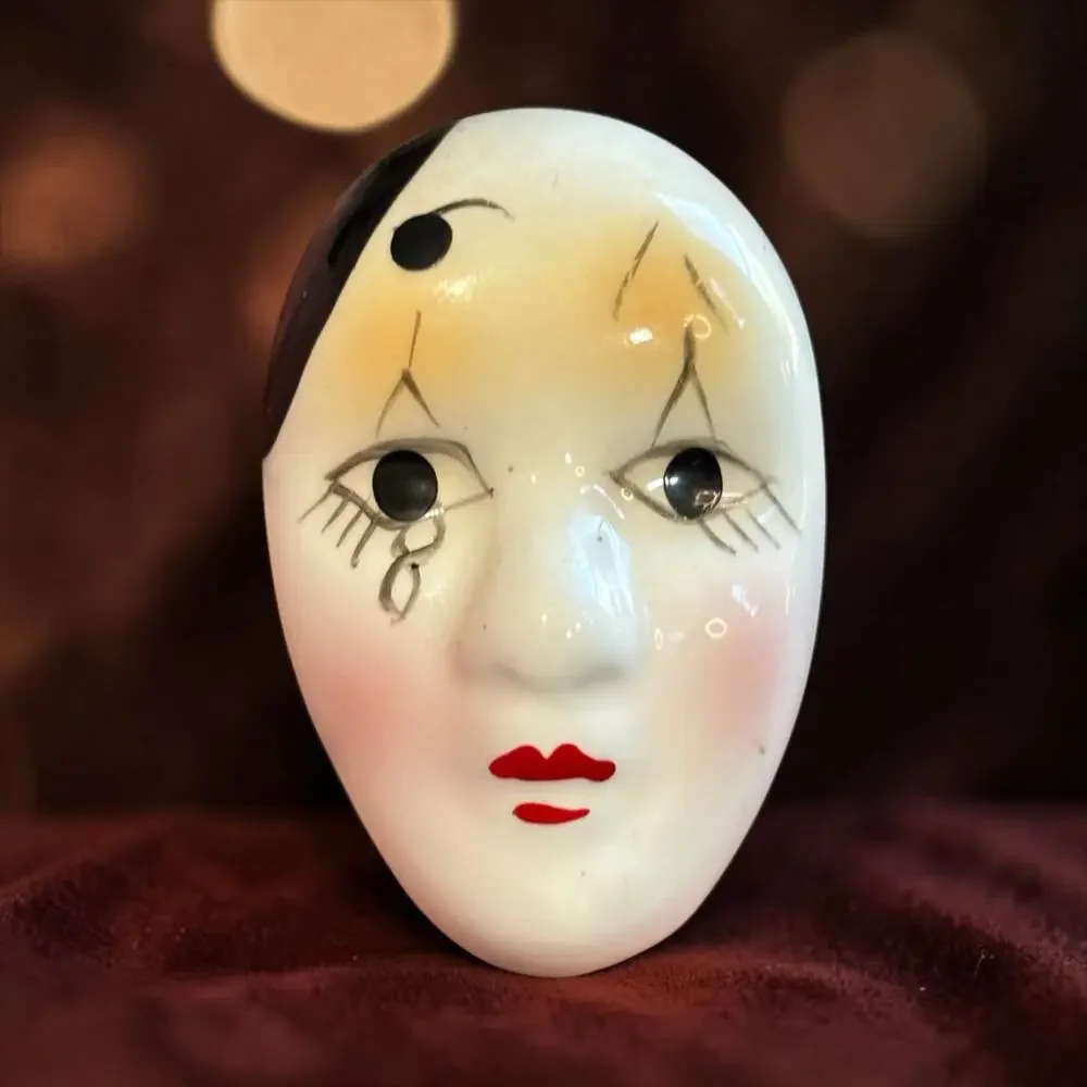 Vintage Ceramic Pierrot Clown Face Brooch Hand Painted Art Pottery Mask Pin